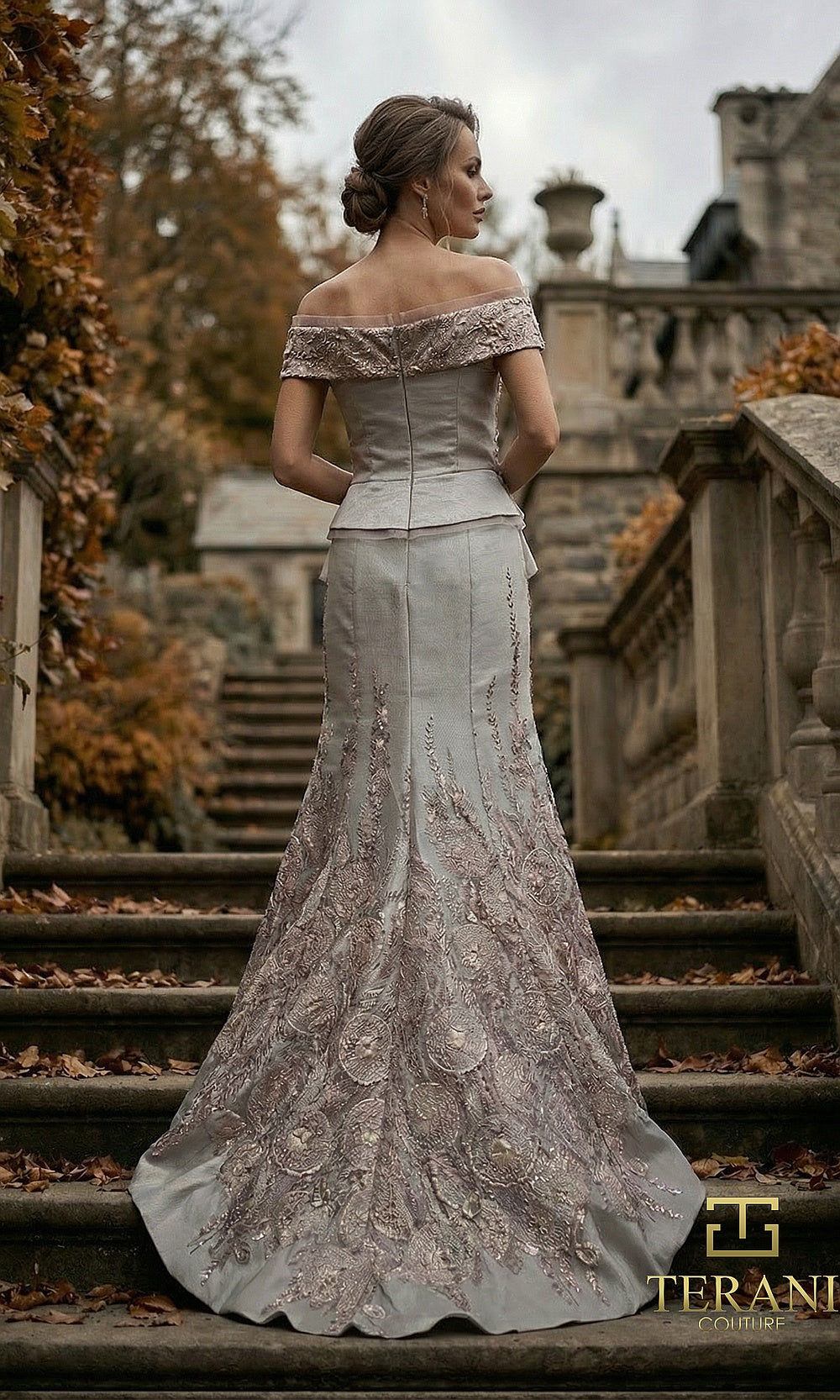 Terani Couture 262M7268 Mocha mother of the bride dress back view with off-shoulder embroidered jacquard, trumpet skirt with sweep, formal wedding celebration dress