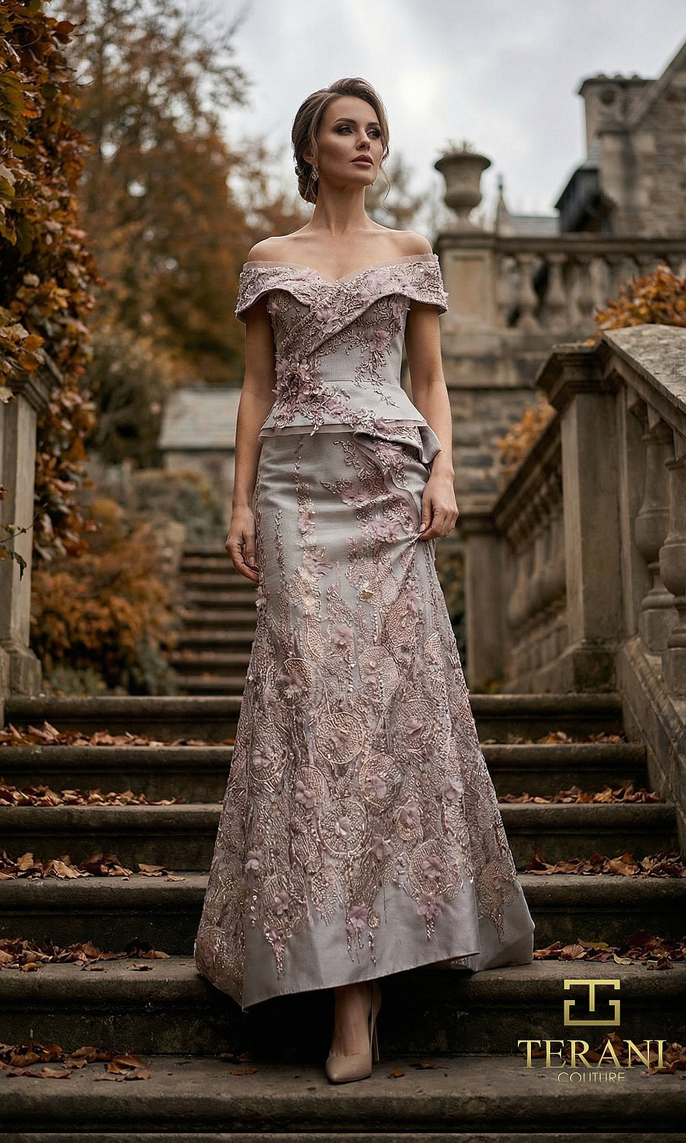 Terani Couture 262M7268 Mocha mother of the bride dress front view with off-shoulder folded portrait neckline, floral embroidered jacquard bodice, fitted trumpet skirt, mother of the bride styling
