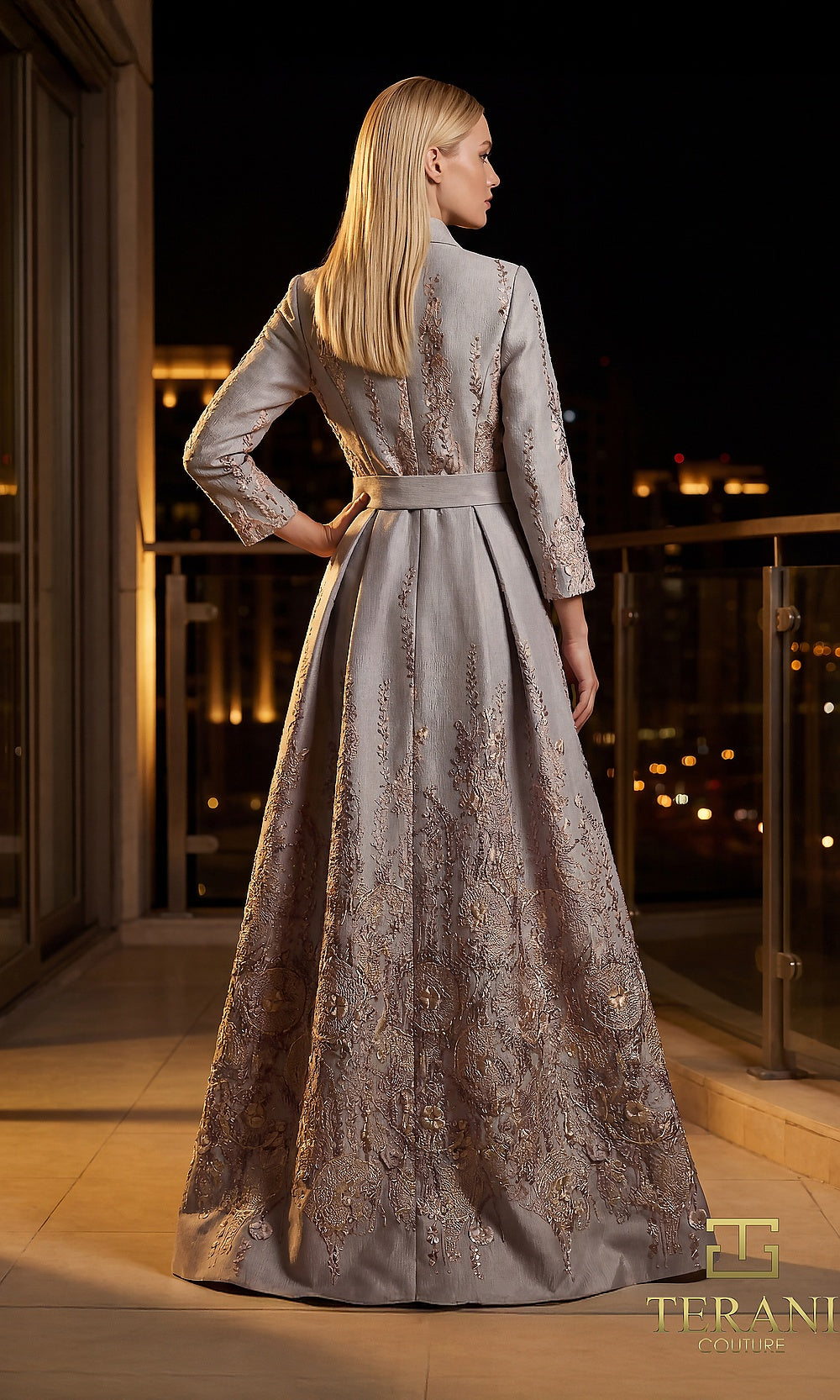 Terani Couture 262M7269 Mocha mother of the bride dress back view with coat dress, belted waist, embroidered jacquard full A-line skirt, formal wedding celebration dress