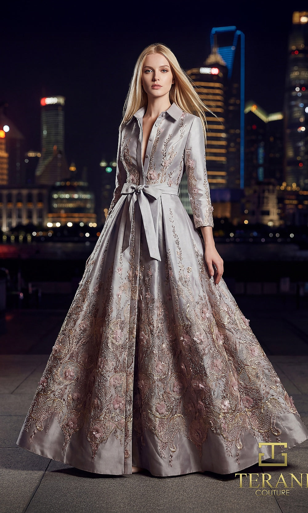 Terani Couture 262M7269 Mocha mother of the bride dress front view with shirt-collar button-front coat dress, three-quarter sleeves, belted waist, floral embroidered jacquard A-line, mother of the bride styling