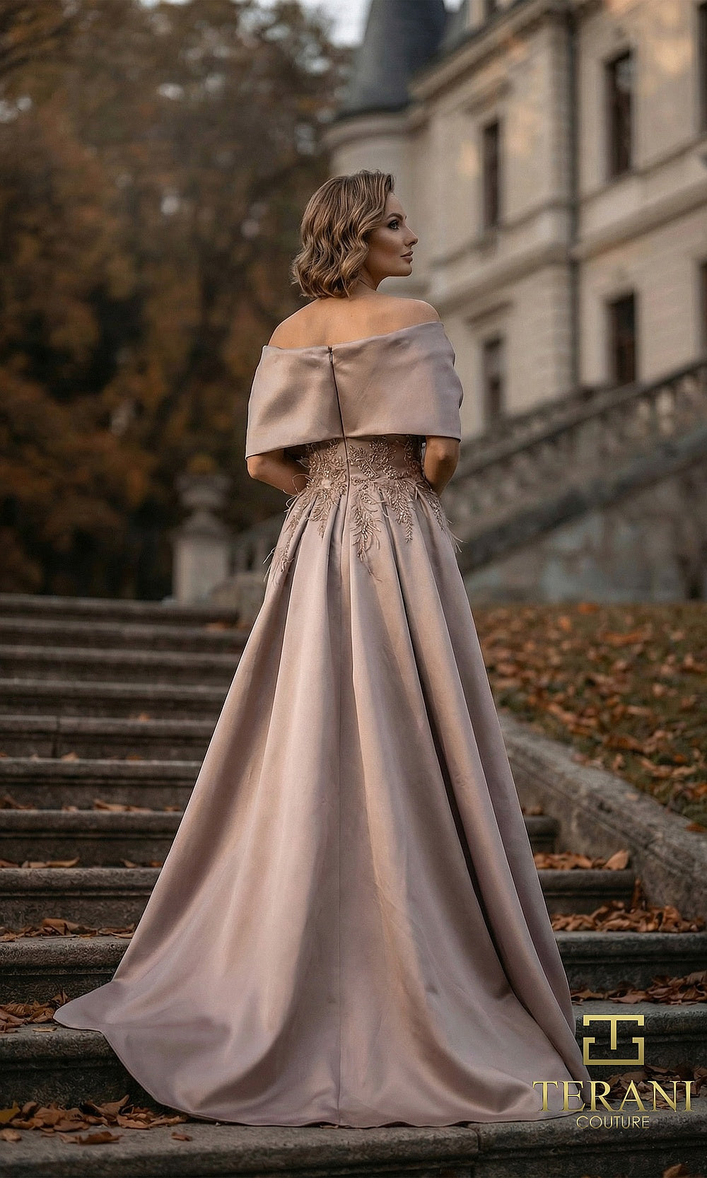 Terani Couture 262M7271 Mink mother of the bride dress back view with off-shoulder folded, satin A-line with sweep train, formal wedding celebration dress