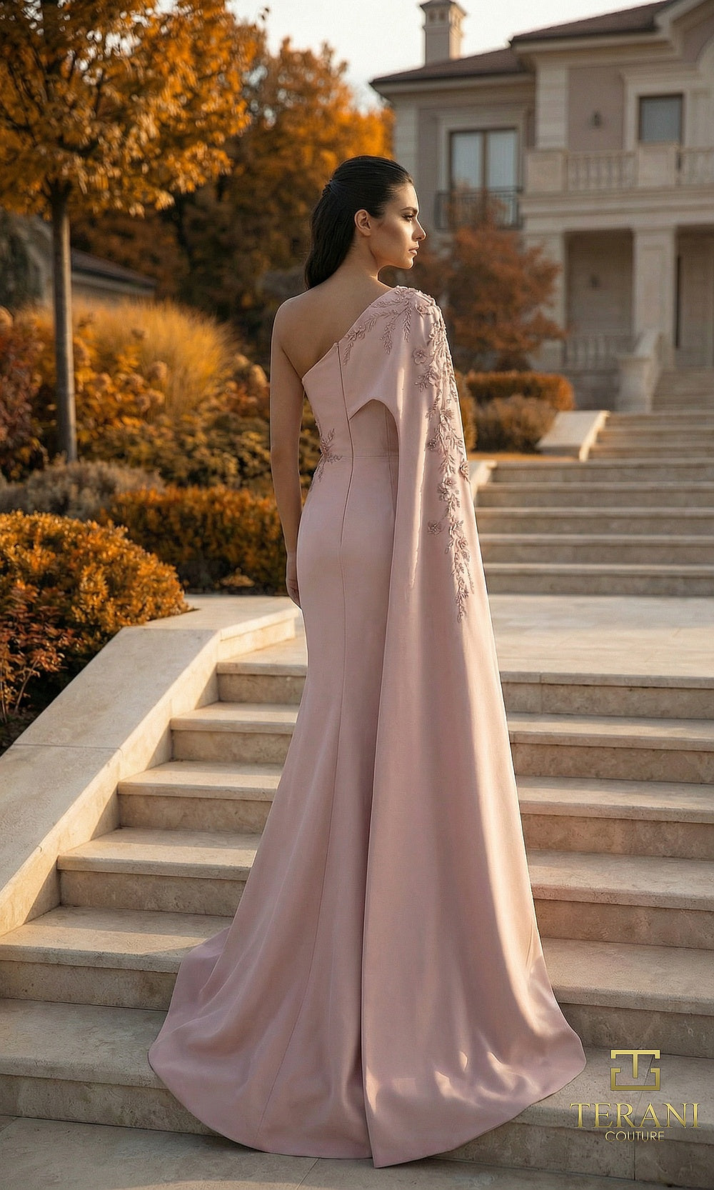 Terani Couture 262M7275 Dark Blush mother of the bride dress back view with one-shoulder cape, crepe fitted mermaid, formal wedding celebration dress