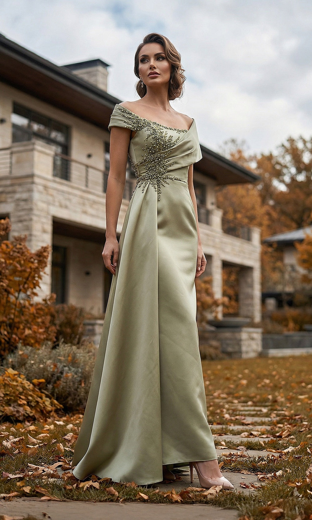 Terani Couture 262M7278 Sage mother of the bride dress front view with off-shoulder folded neckline, beaded pleated bodice, satin column with draped overskirt, mother of the bride styling