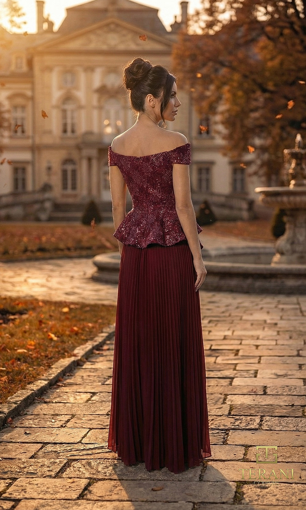 Terani Couture 262M7287 Wine mother of the bride dress back view with off-shoulder sequin lace peplum bodice, pleated chiffon skirt, formal wedding celebration dress