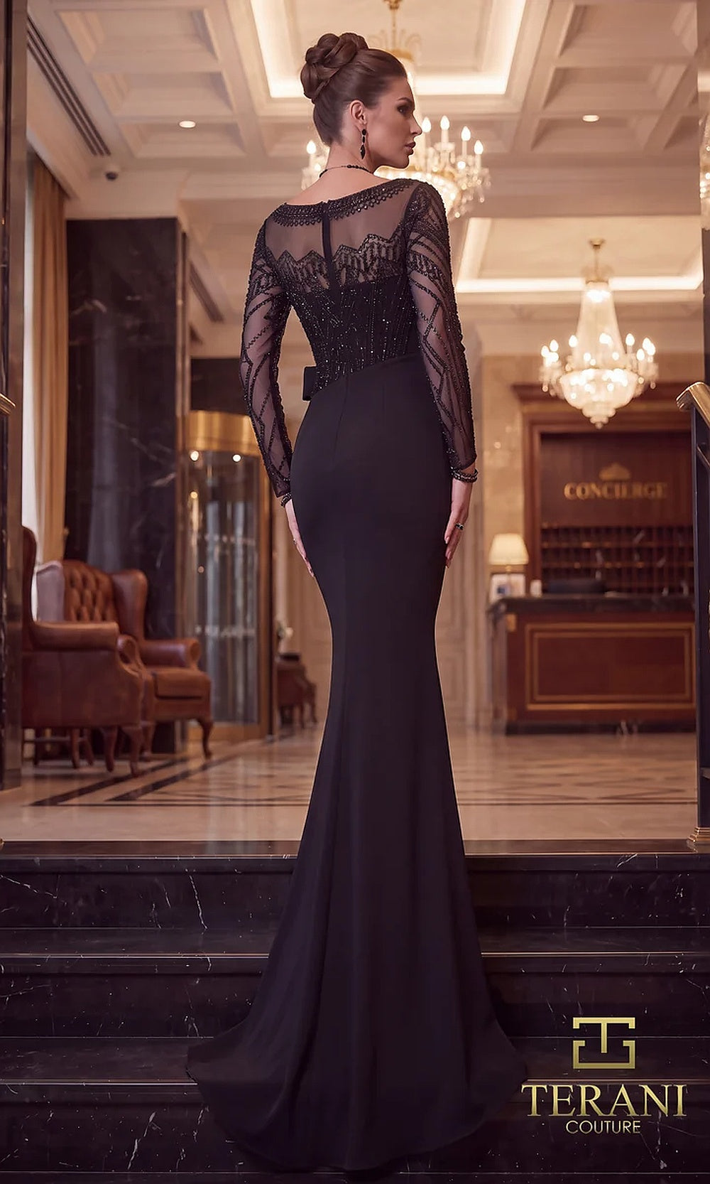 Terani Couture 262M7293 Black mother of the bride dress back view with sheer long-sleeve beaded lace back, crepe mermaid with sweep train, formal wedding celebration dress