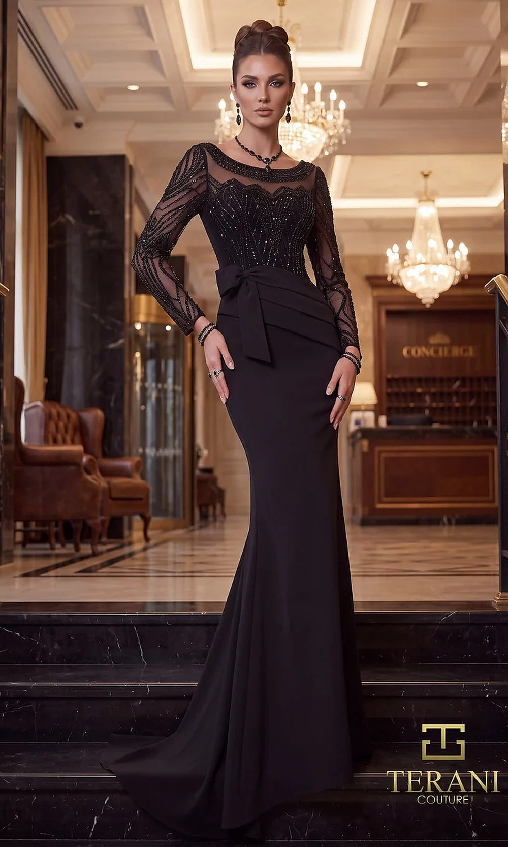 Terani Couture 262M7293 Black mother of the bride dress front view with jewel neckline, sheer long-sleeve beaded lace bodice, crepe peplum mermaid, mother of the bride styling