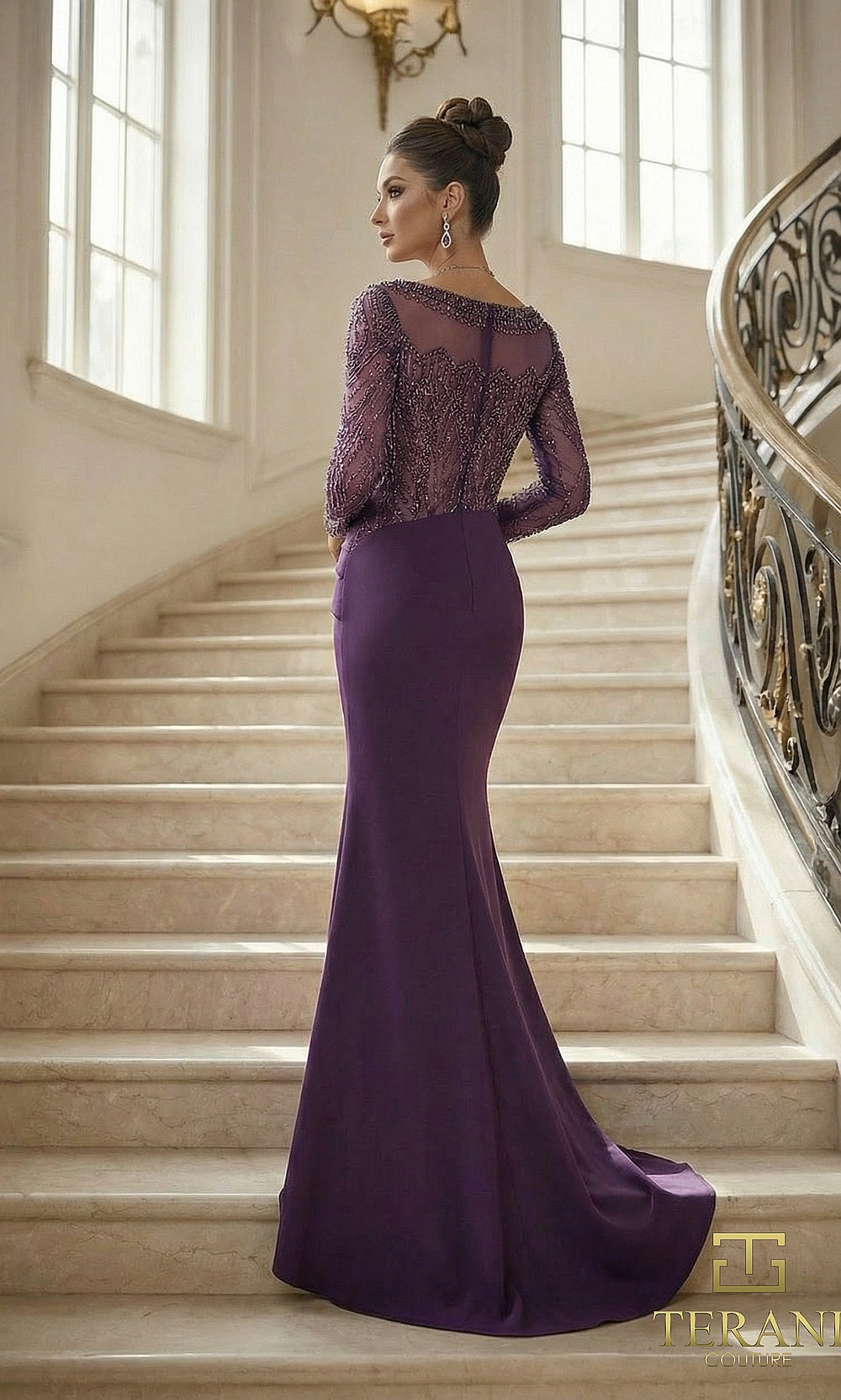 Terani Couture 262M7293 Plum mother of the bride dress back view with sheer long-sleeve beaded lace back, crepe mermaid with sweep train, formal wedding celebration dress