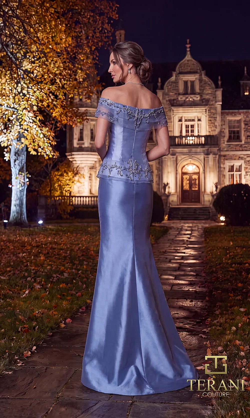 Terani Couture 262M7297 Slate mother of the bride dress back view with off-shoulder beaded bodice, satin mermaid, formal wedding celebration dress
