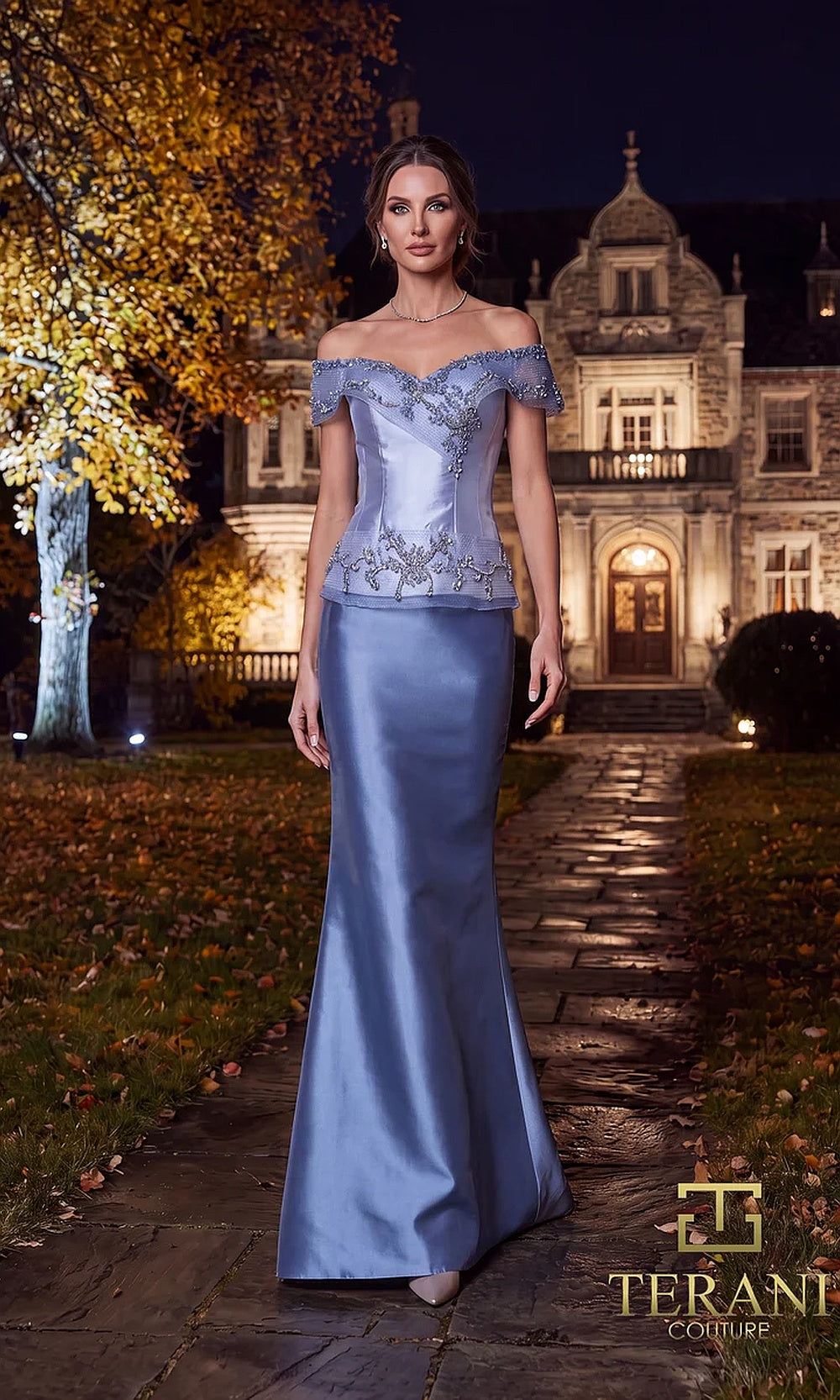 Terani Couture 262M7297 Slate mother of the bride dress front view with off-shoulder beaded embroidered corset bodice, satin fitted mermaid, mother of the bride styling