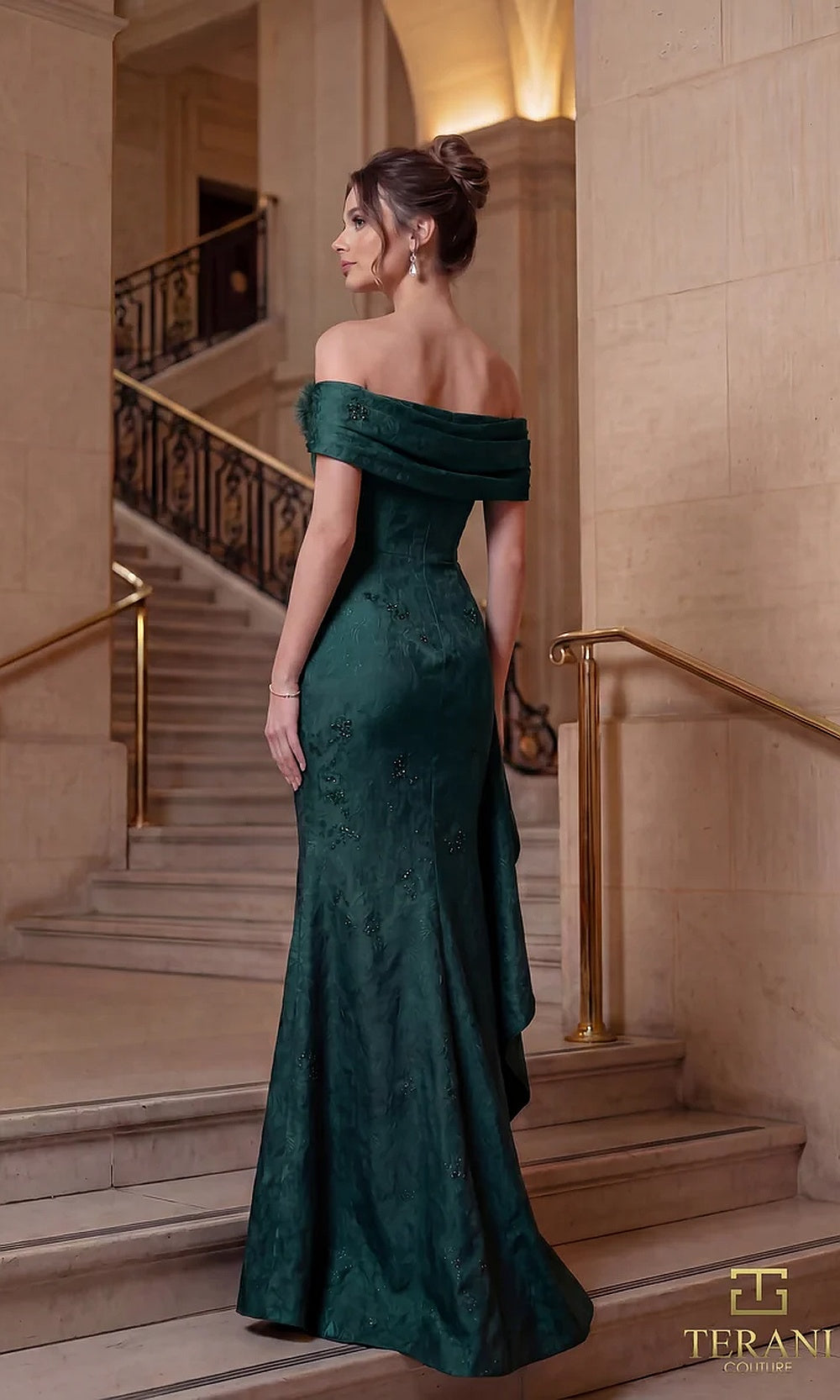 Terani Couture 262M7298 Evergreen mother of the bride dress back view with off-shoulder folded neckline, jacquard mermaid with back drape, formal wedding celebration dress