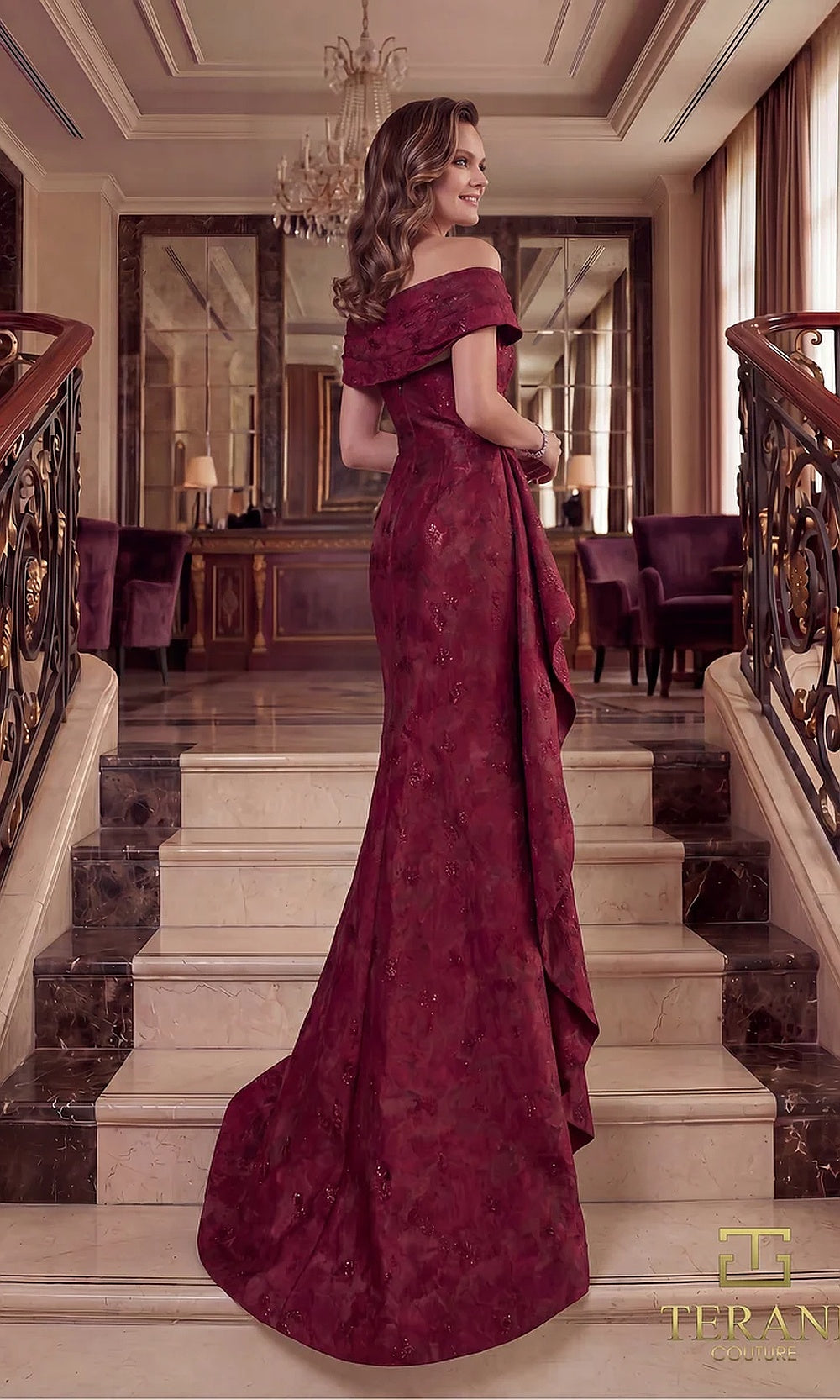 Terani Couture 262M7298 Merlot mother of the bride dress back view with off-shoulder folded neckline, brocade mermaid with cascading back drape, formal wedding celebration dress