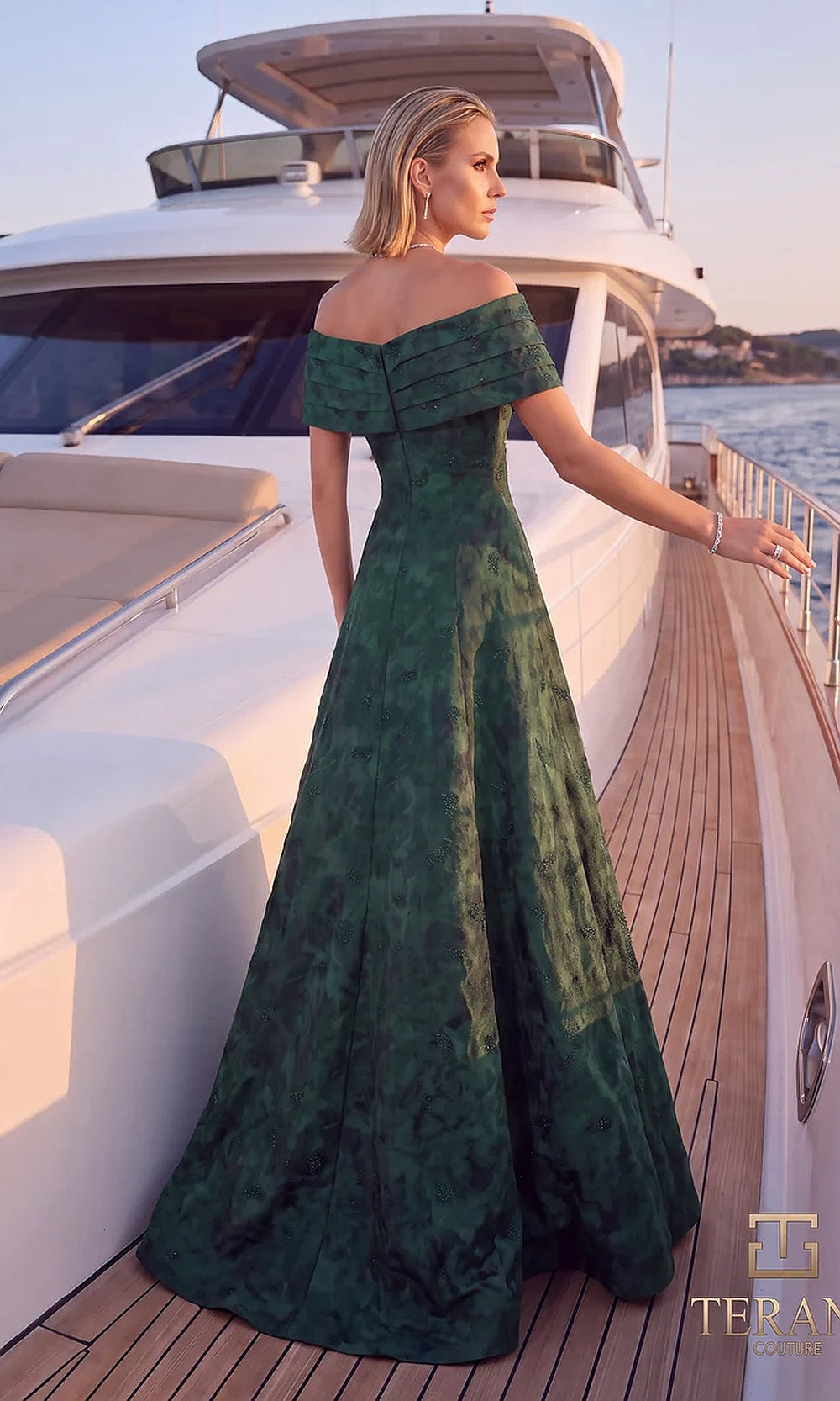 Terani Couture 262M7299 Evergreen mother of the bride dress back view with off-shoulder folded neckline, jacquard A-line, formal wedding celebration dress