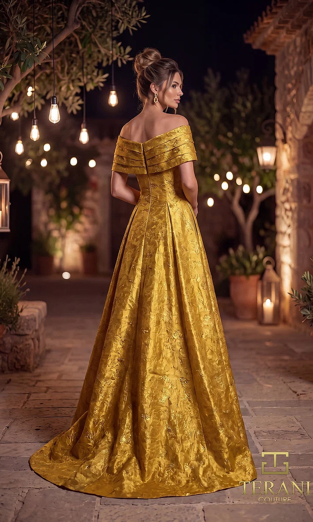 Terani Couture 262M7299 Gold mother of the bride dress back view with off-shoulder folded neckline, metallic jacquard A-line, formal wedding celebration dress