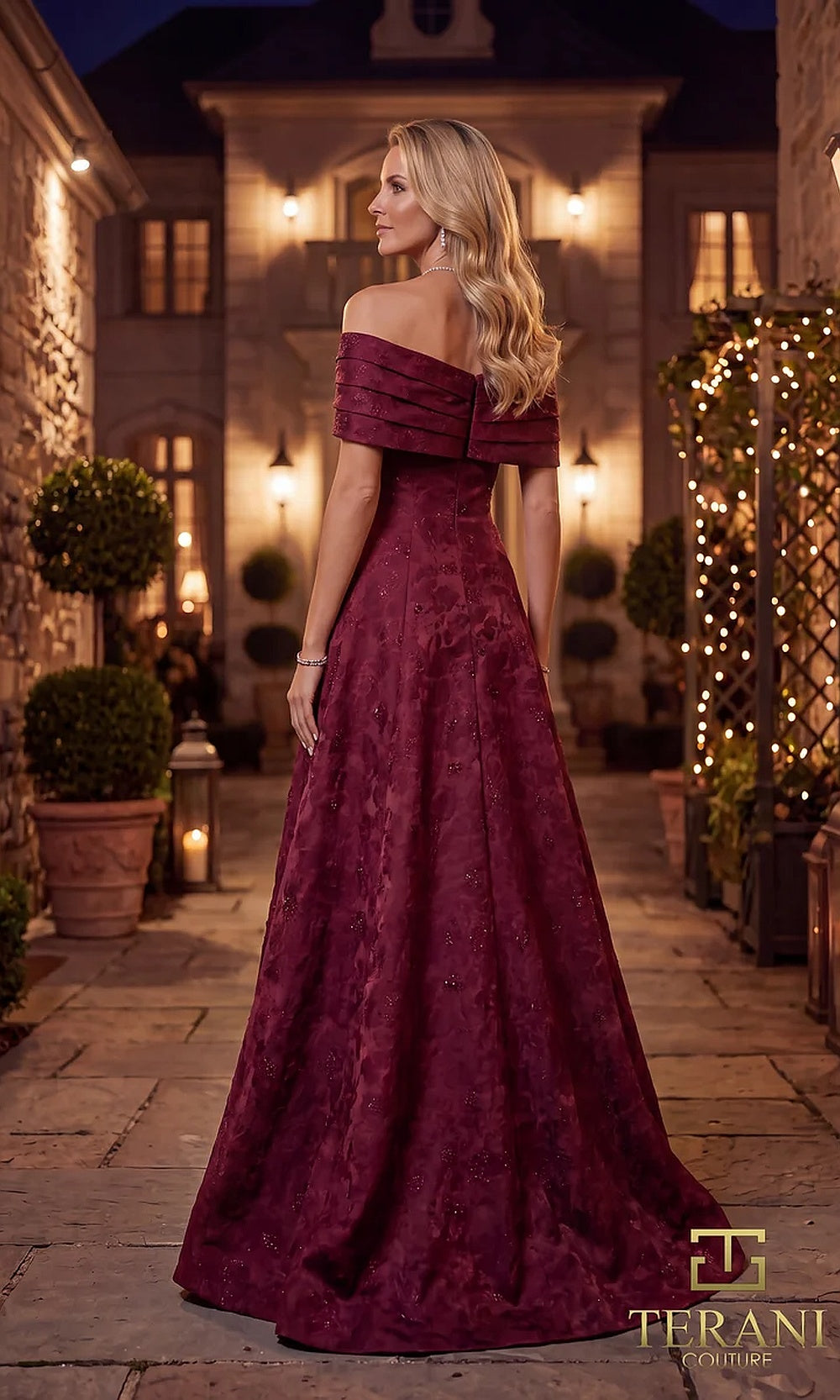 Terani Couture 262M7299 Merlot mother of the bride dress back view with off-shoulder folded neckline, jacquard A-line with sweep, formal wedding celebration dress