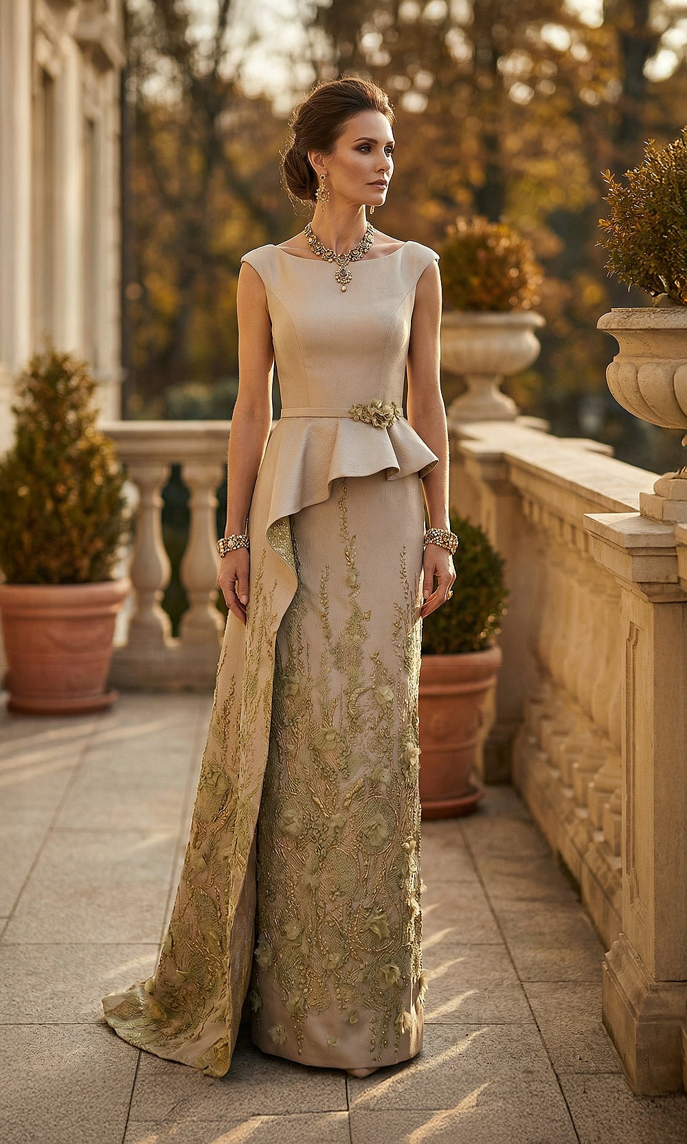 Terani Couture 262M7305 Sage mother of the bride dress front view with bateau neckline sleeveless peplum bodice with brooch, metallic embroidered column with side overskirt, mother of the bride styling