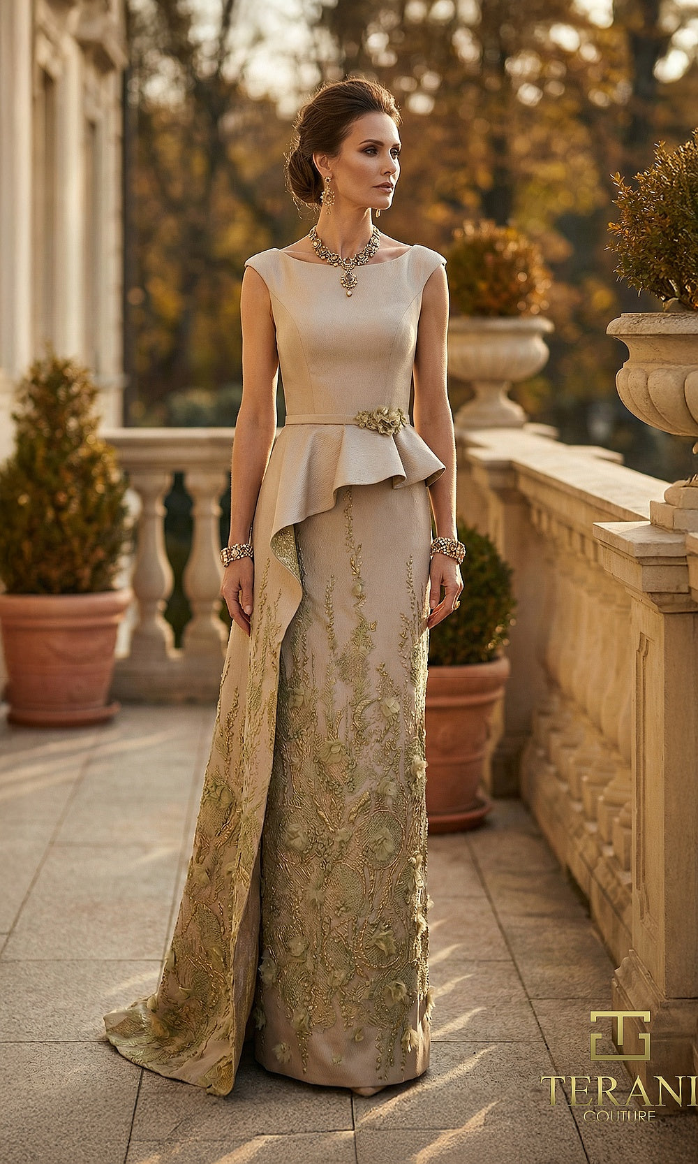 Terani Couture 262M7305 Sage mother of the bride dress alternate view with bateau neckline peplum bodice, embroidered column, alternate front pose, mother of the bride styling