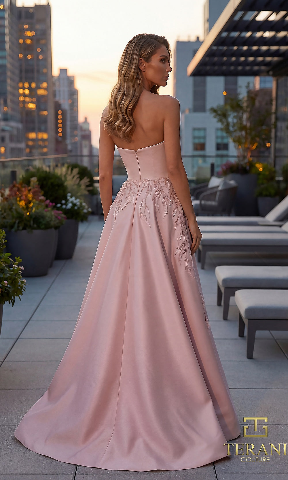 Terani Couture 262M7306 Dusty Blush mother of the bride dress back view with strapless mikado A-line, embroidered floral skirt detail, formal wedding celebration dress