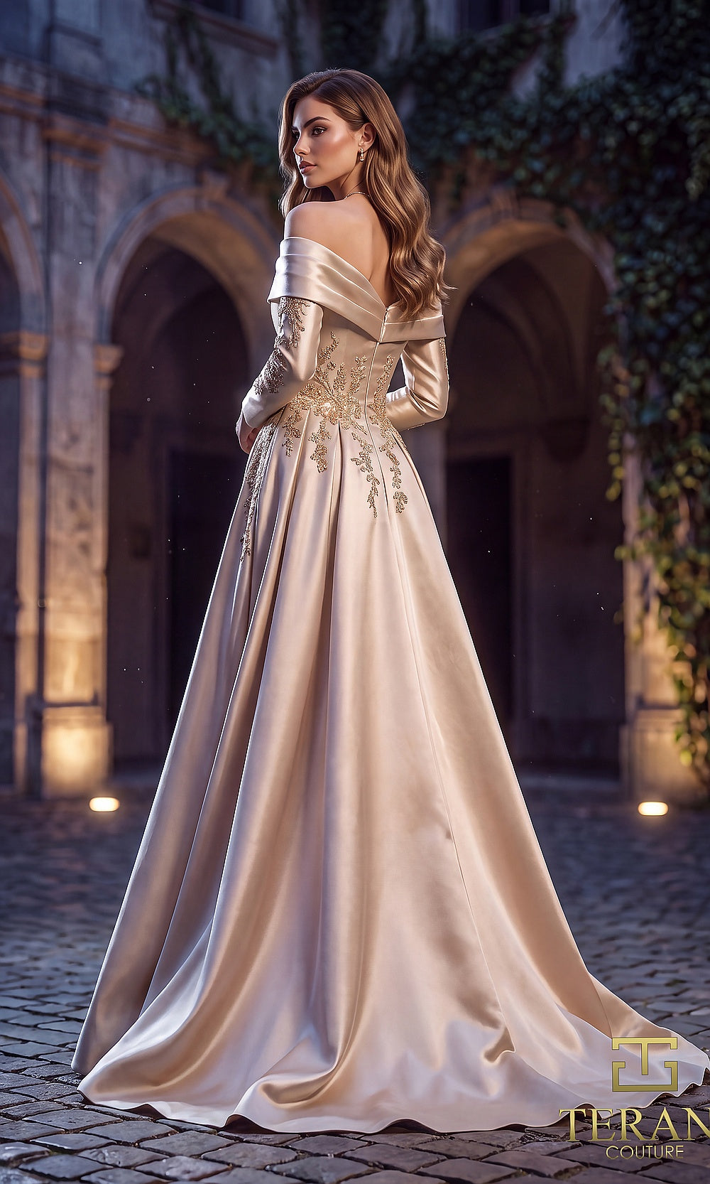 Terani Couture 262M7315 Champagne mother of the bride dress back view with off-shoulder long-sleeve beaded bodice, satin A-line ballgown, formal wedding celebration dress