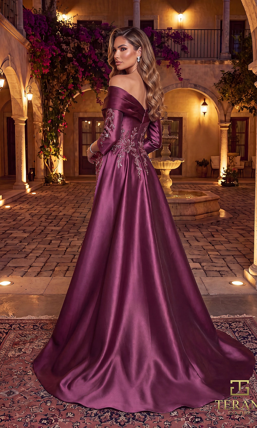 Terani Couture 262M7315 Mauve Wine mother of the bride dress back view with off-shoulder three-quarter sleeve satin gown, A-line train, formal wedding celebration dress