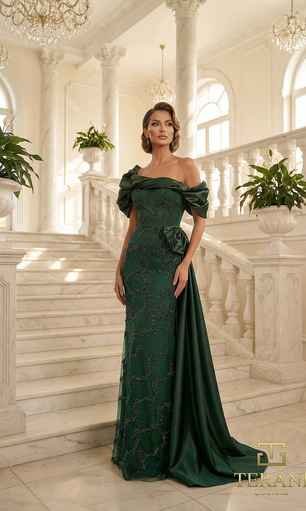 Terani Couture 262M7321 Hunter mother of the bride dress front view with off-shoulder ruched puff sleeves, beaded lace column with satin side overskirt and rosette, mother of the bride styling