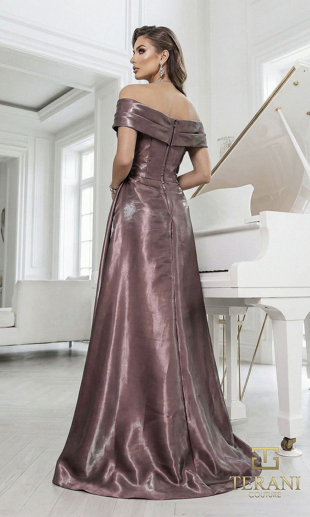 Terani Couture 262M7326 Espresso mother of the bride dress back view with off-shoulder metallic satin, overskirt train, formal wedding celebration dress