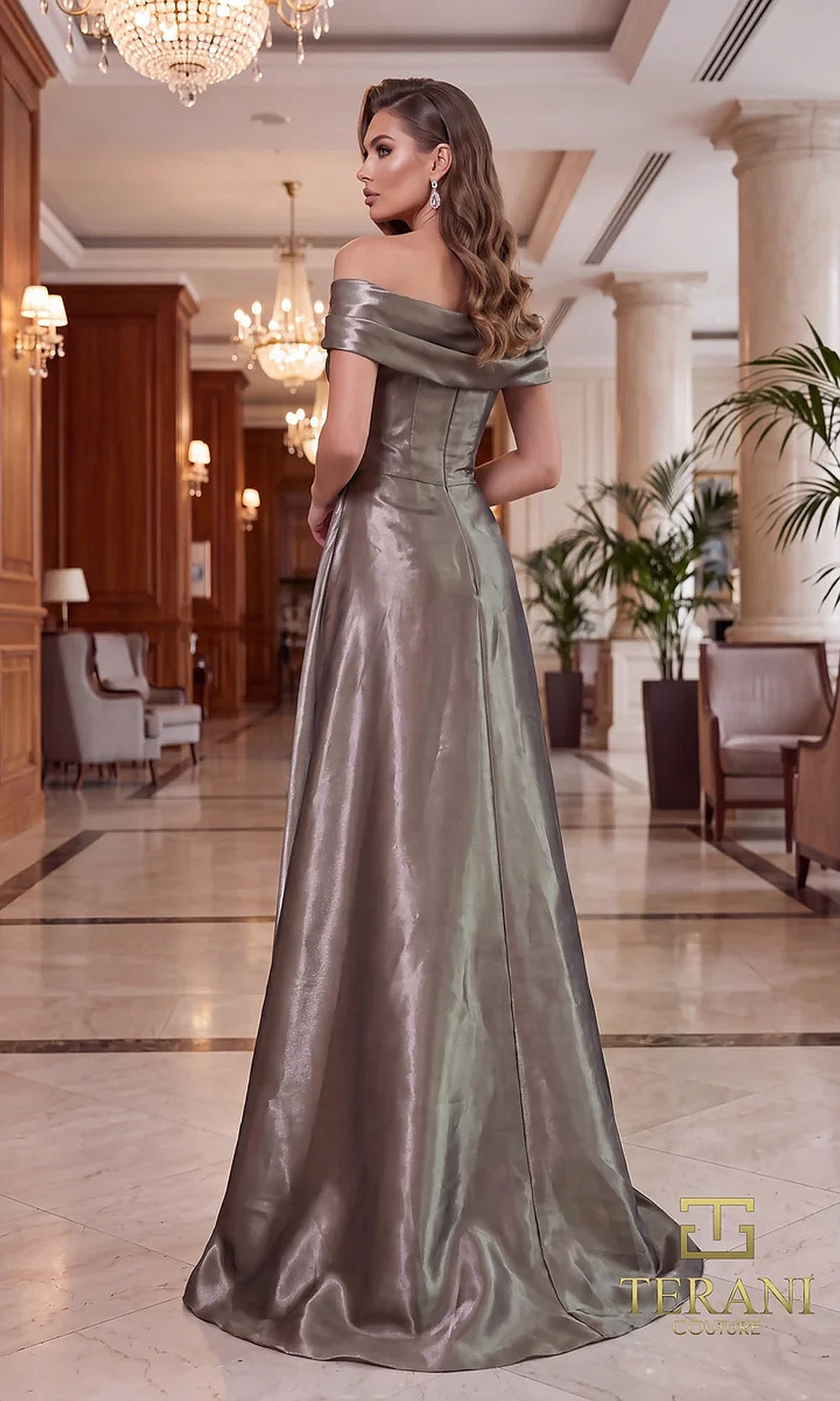 Terani Couture 262M7326 Stone mother of the bride dress back view with off-shoulder metallic satin, overskirt train, formal wedding celebration dress