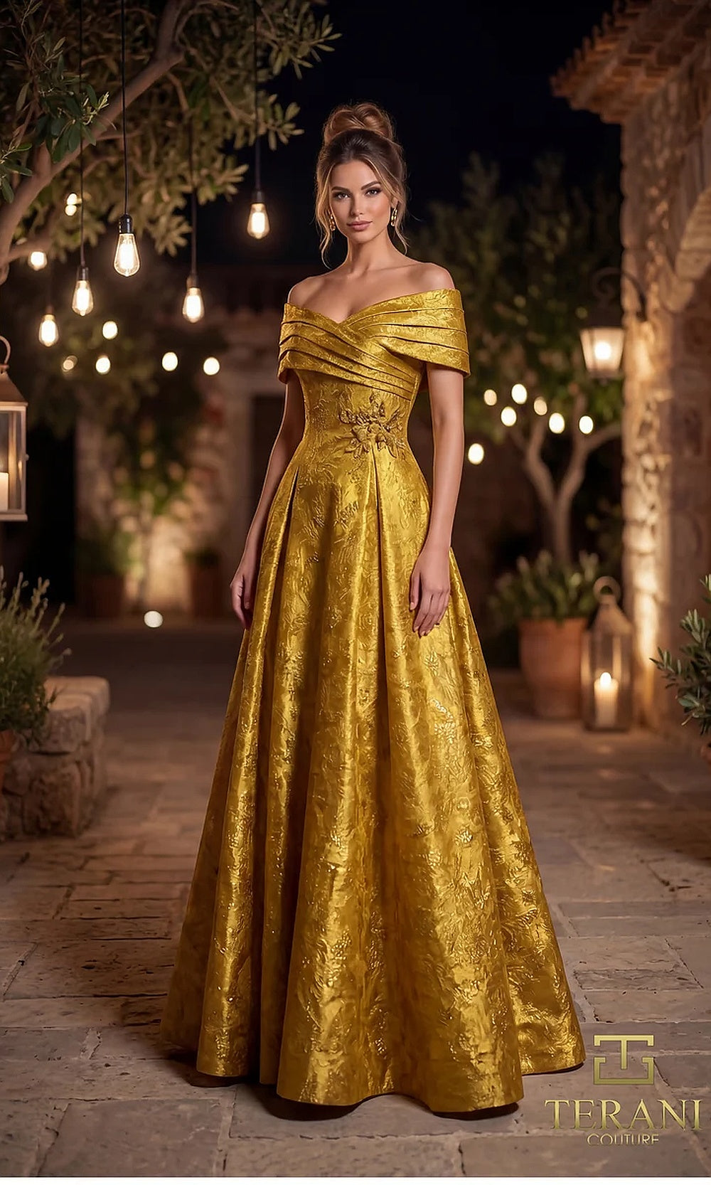 Terani Couture 262M7299 Gold formal front view off-shoulder sweetheart A-line metallic jacquard evening gown with floral appliqué and beaded detail, mother of the bride styling