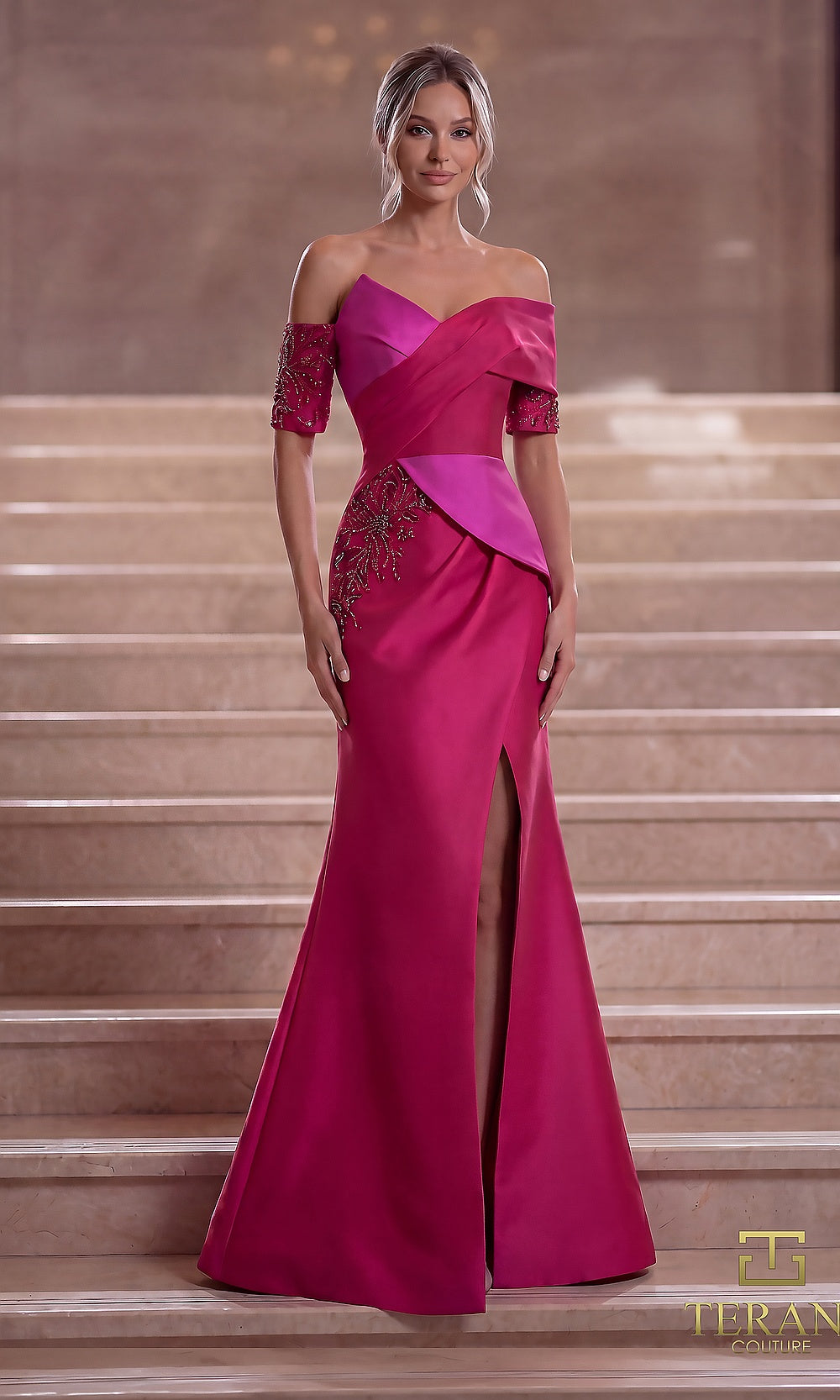 Terani Couture 261E6210 Fuchsia Red evening dress with structured satin, beaded floral appliqués, off-shoulder sweetheart neckline, fitted silhouette, front view, formal evening gown