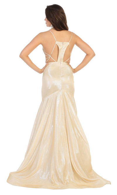 May Queen - RQ7739 Metallic V Neck Trumpet Gown In Champagne