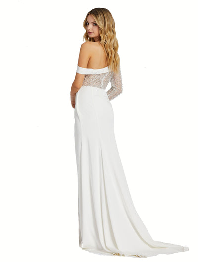 Mac Duggal - 11126 Pearl Beaded Slit Asymmetric Gown In White