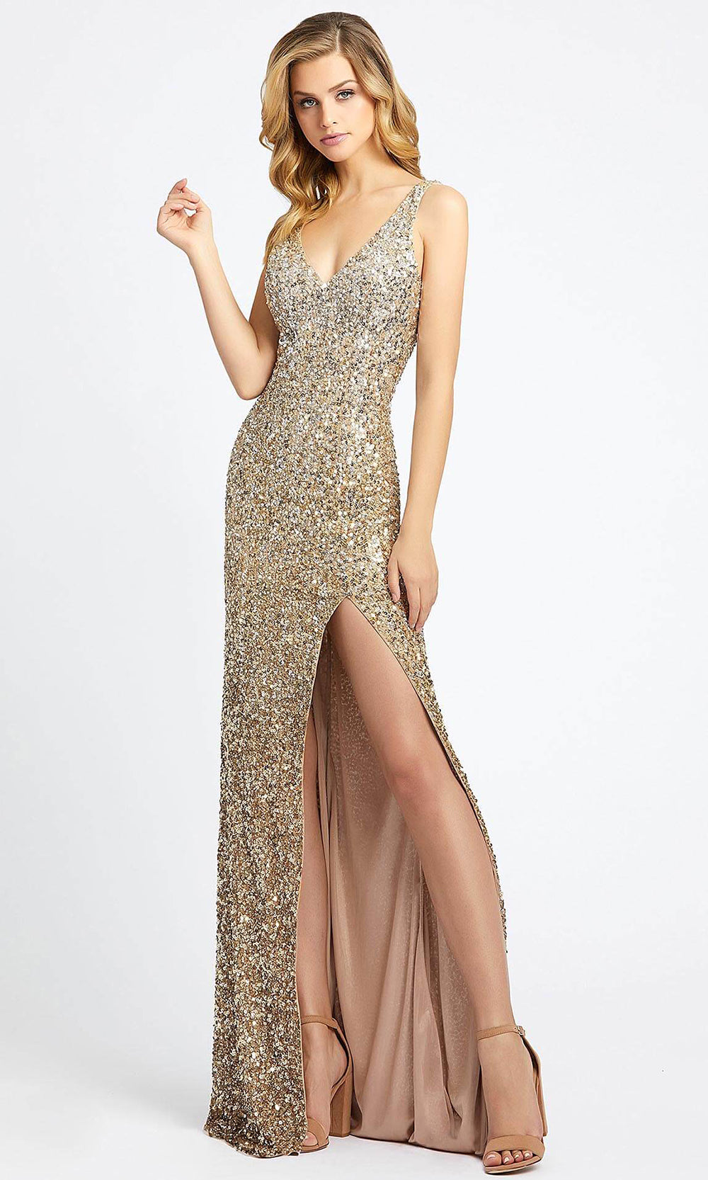 Mac Duggal - 1068L Multi-Toned Sequins V Neck Evening Gown in Champagne and Gold