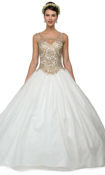 Dancing Queen - 1101 Gilded Lace Applique Illusion Neckline Ballgown In White & Ivory
