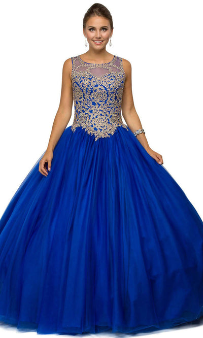 Dancing Queen - 1101 Gilded Lace Applique Illusion Neckline Ballgown In Blue