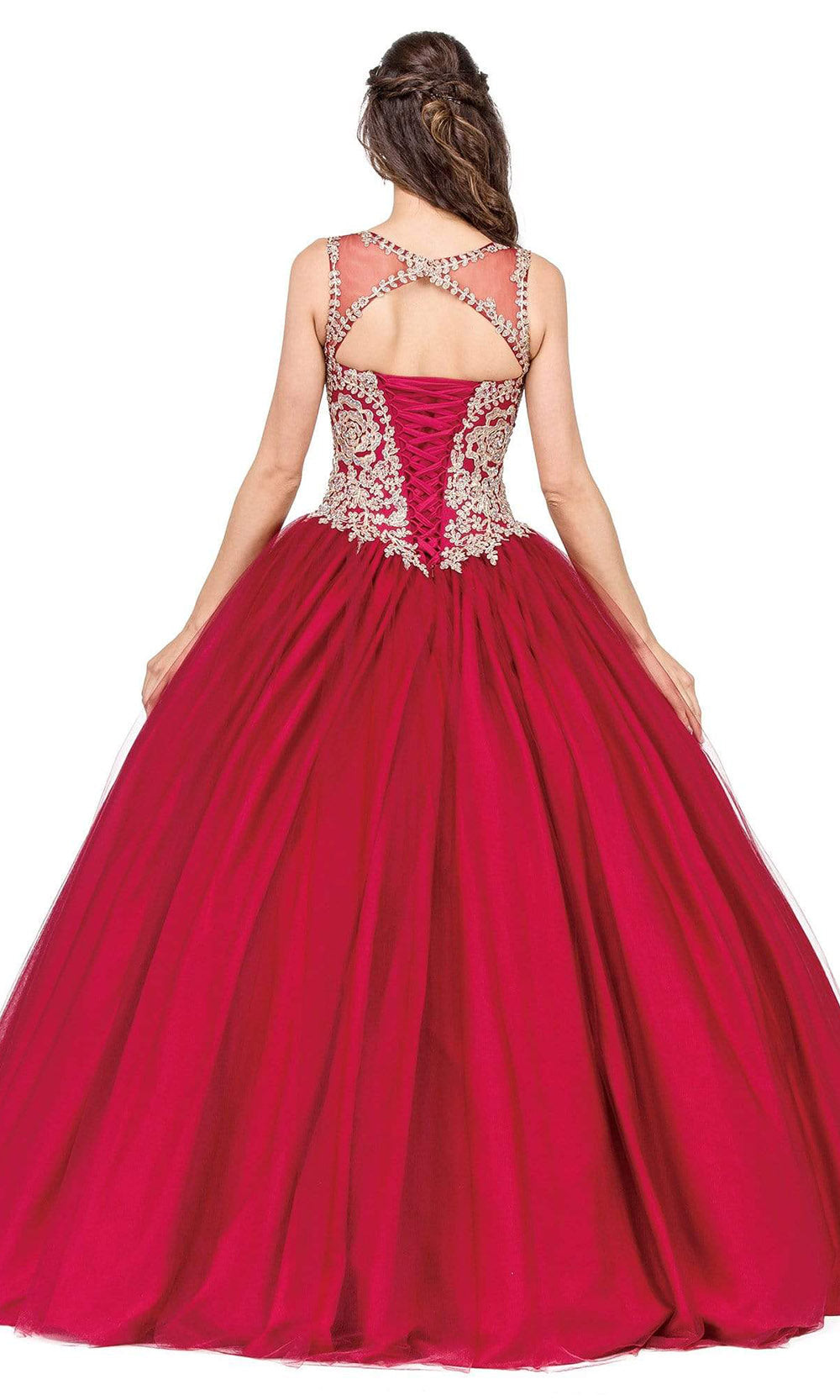 Dancing Queen - 1101 Gilded Lace Applique Illusion Neckline Ballgown In Burgundy