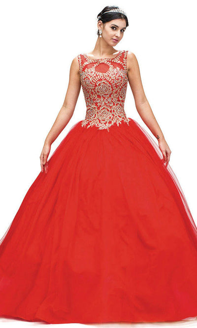 Dancing Queen - 1101 Gilded Lace Applique Illusion Neckline Ballgown In Red