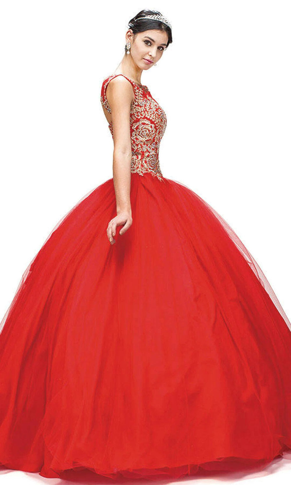Dancing Queen - 1101 Gilded Lace Applique Illusion Neckline Ballgown In Red