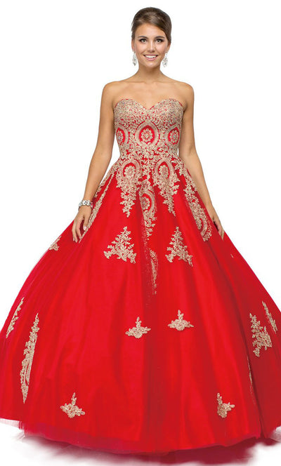 Dancing Queen - 1105 Strapless Metallic Lace Appliques Ballgown In Red