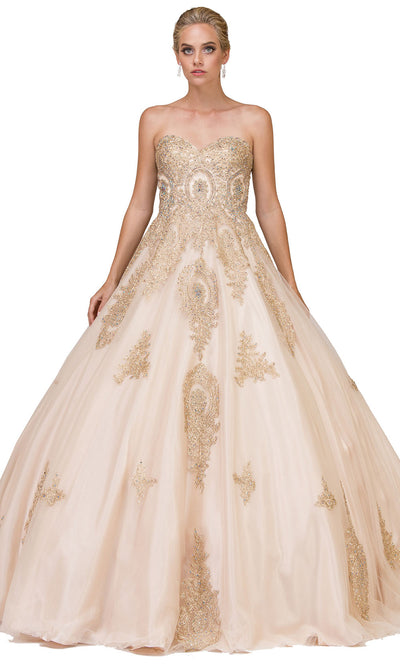 Dancing Queen - 1105 Strapless Metallic Lace Appliques Ballgown In Champagne & Gold