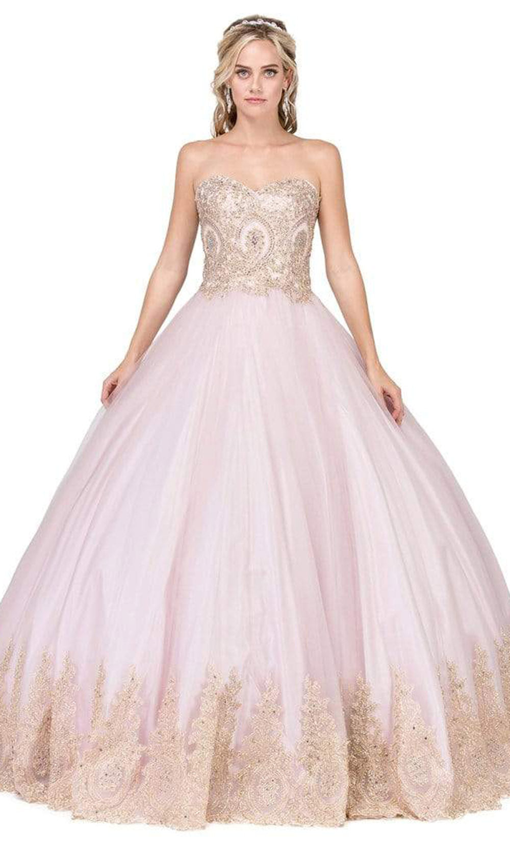 Dancing Queen - 1115 Strapless Sweetheart Embroidered Lace Ballgown In Pink