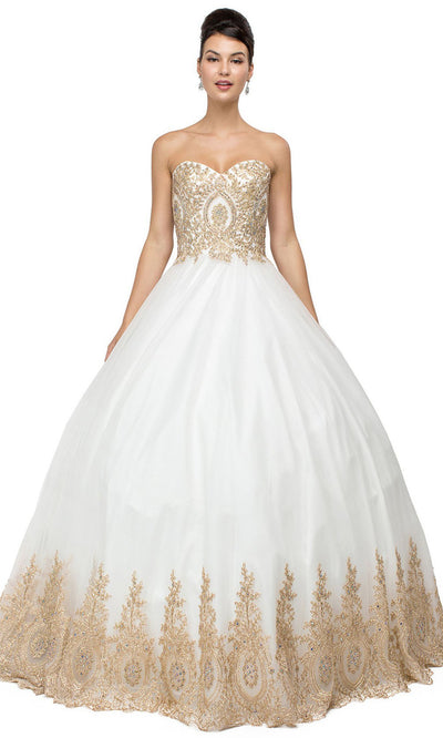 Dancing Queen - 1115 Strapless Sweetheart Embroidered Lace Ballgown In White & Ivory