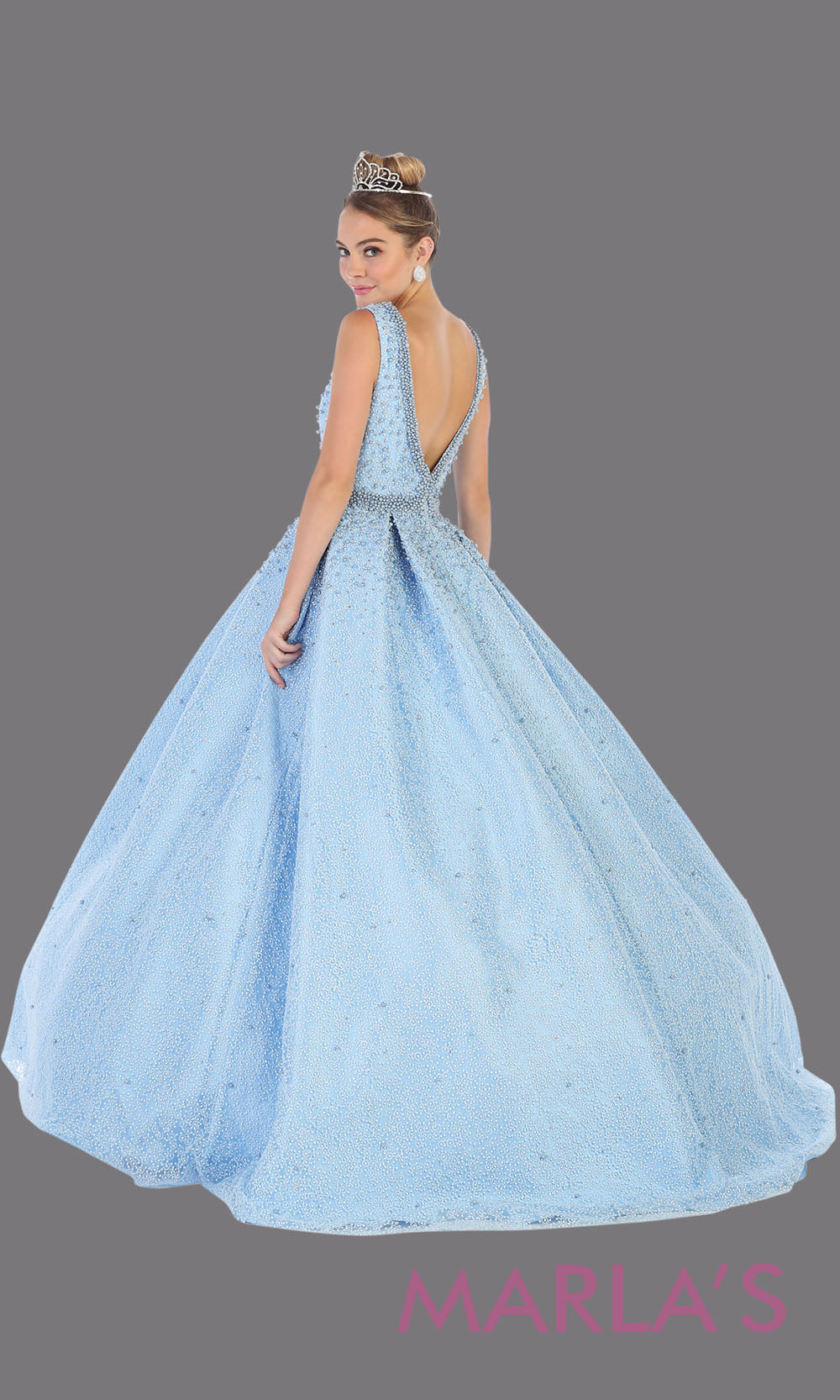 Back of Long aqua blue princess quinceanera v neck ball gown with straps.Perfect for light blue Engagement ballgown dress, Quinceanera, Sweet 16, Sweet 15, Debut and blue Wedding bridal Reception Dress. Available in plus sizes.
