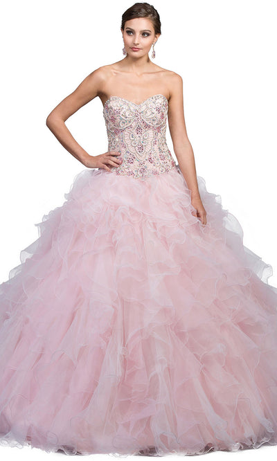 Dancing Queen - 1210 Strapless Adorned Bodice Ruffled Ballgown In Pink