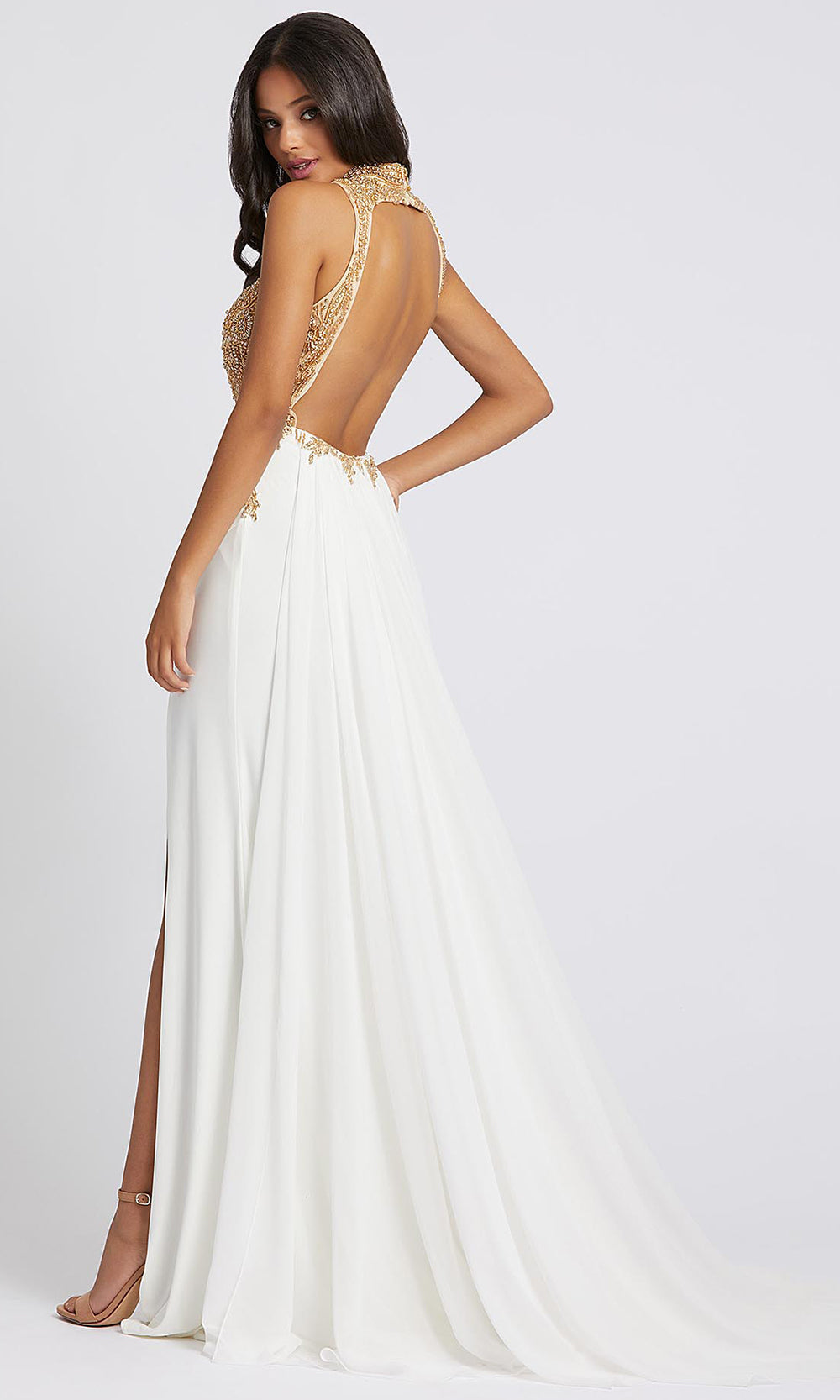 Mac Duggal - 12106A Beaded High Neck Dress With Slit In White & Ivory