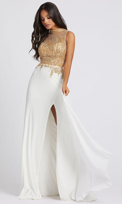 Mac Duggal - 12106A Beaded High Neck Dress With Slit In White & Ivory