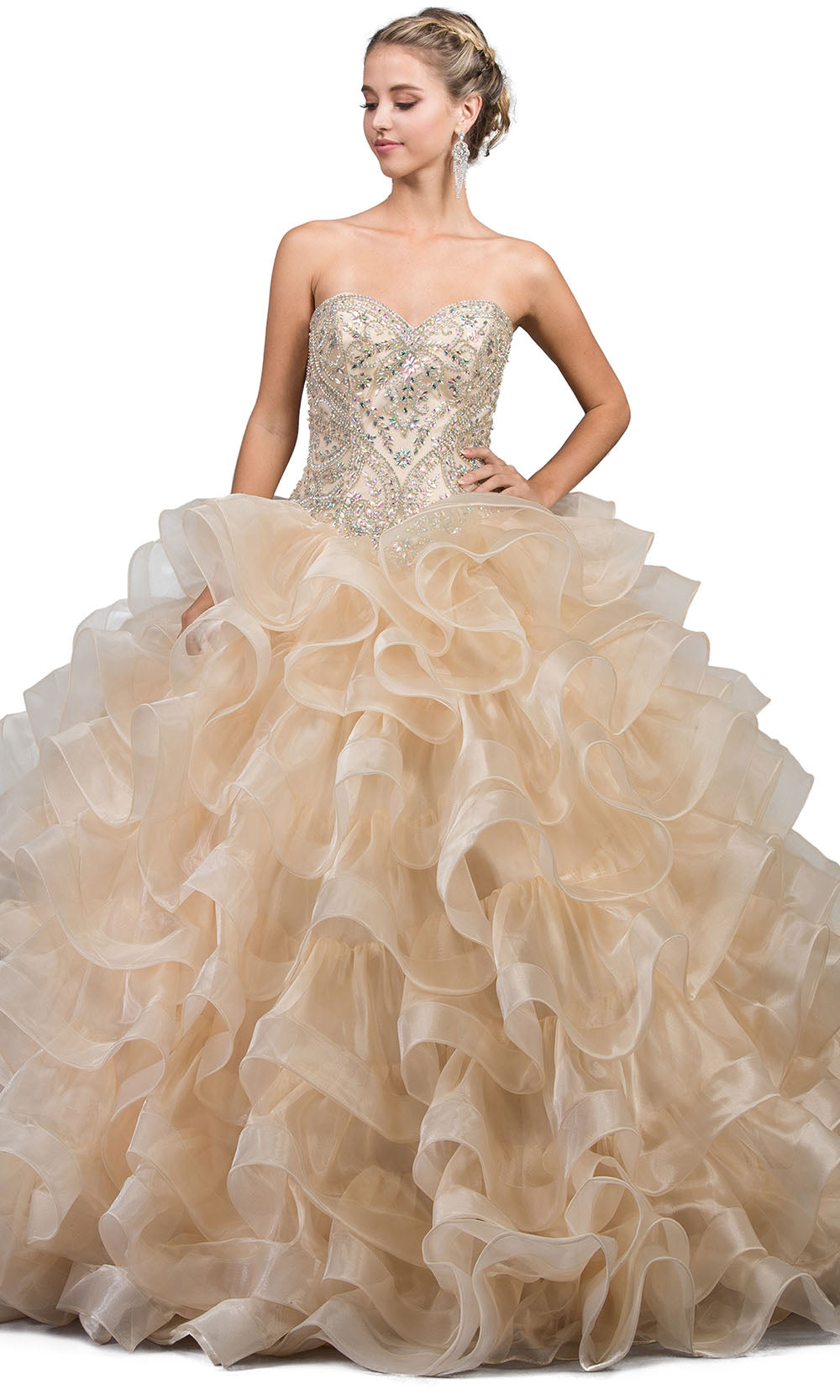 Dancing Queen - 1216 Strapless Bejeweled Tiered Ballgown In Champagne & Gold
