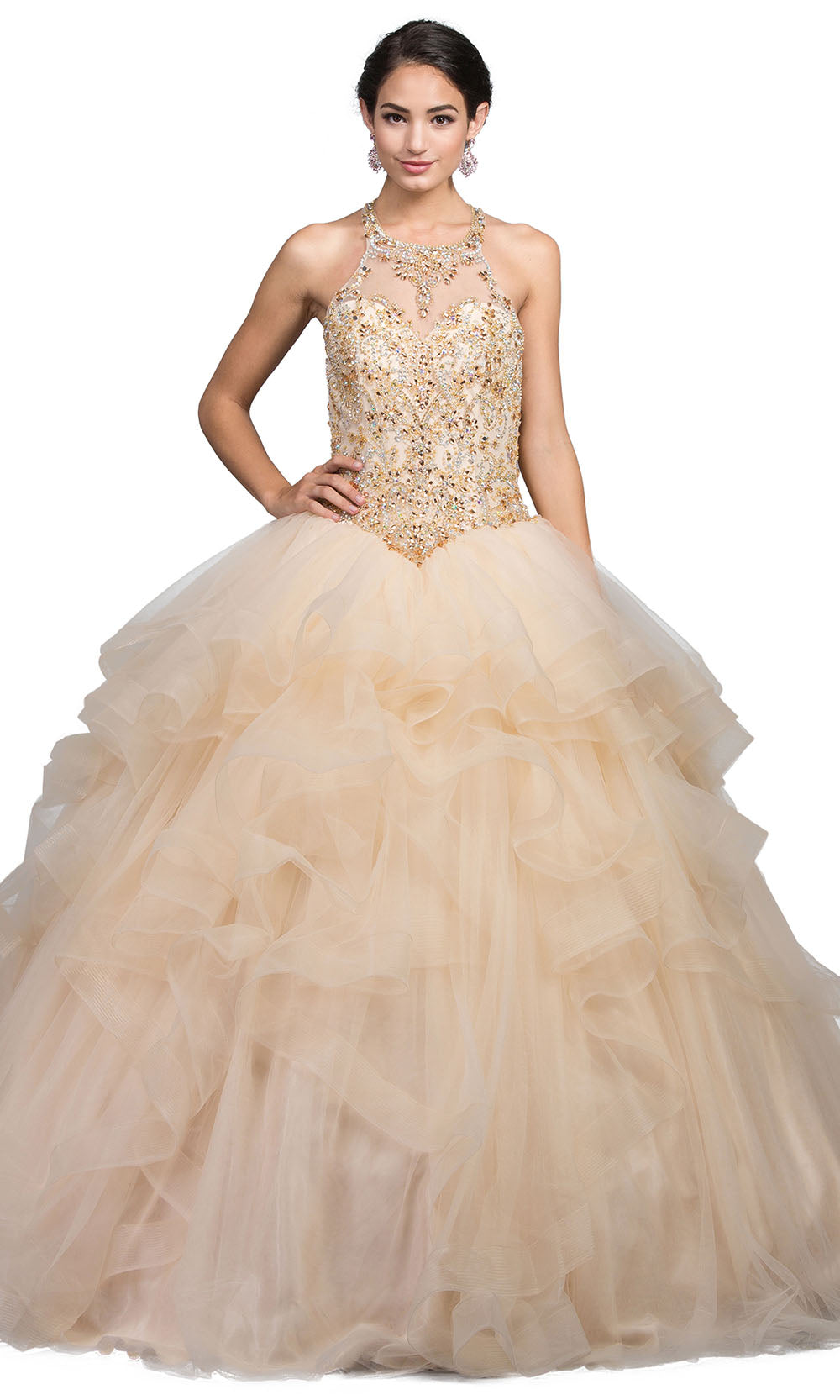 Dancing Queen - 1231 Halter Crystal Beaded Ballgown In Neutral and Gold