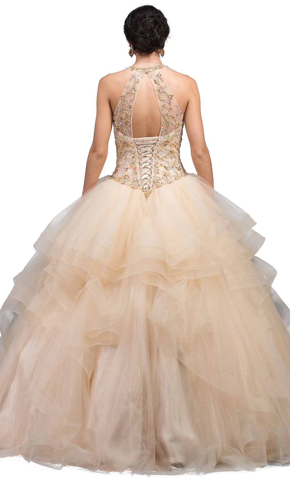 Dancing Queen - 1231 Halter Crystal Beaded Ballgown In Neutral and Gold