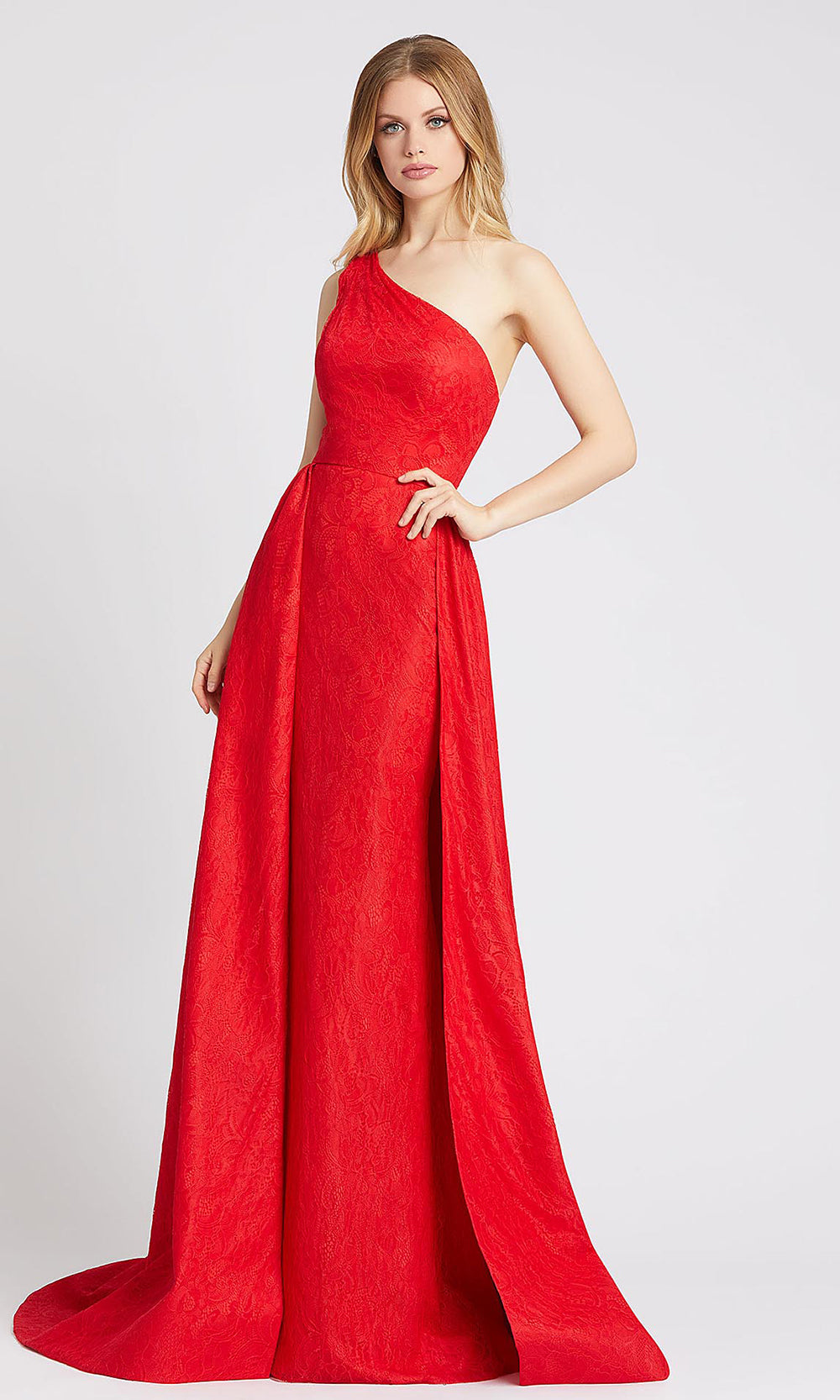 Mac Duggal - 12363L Lace One Shoulder Dress With Overskirt In Red
