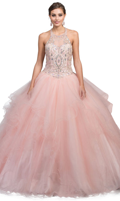 Dancing Queen - 1245 Beaded Halter Prom Ballgown In Pink