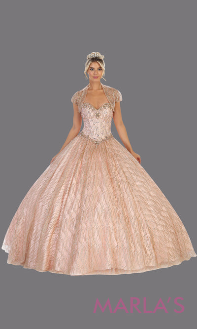 Long rose gold princess quinceanera strapless ball gown with shrug. Perfect for pink gold Engagement ballgown dress, Quinceanera, Sweet 16, Sweet 15, Debut and pink champagne Wedding bridal Reception Dress. Available in plus sizes.